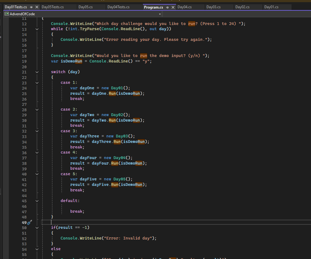 Switch case for Advent of Code